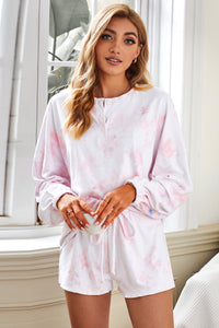 Quarter-Button Top and Drawstring Shorts Loungewear Set