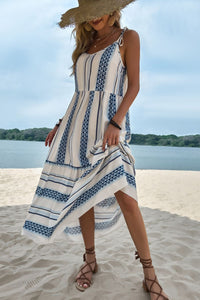 Geometric Print Tie-Shoulder Tiered Maxi Dress