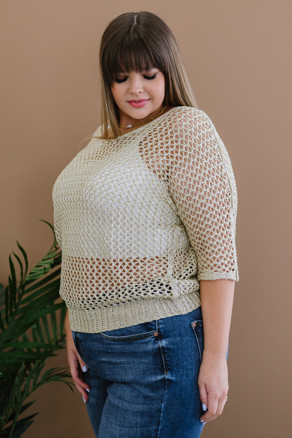 Gracefully Golden Full Size Run Openwork Sweater