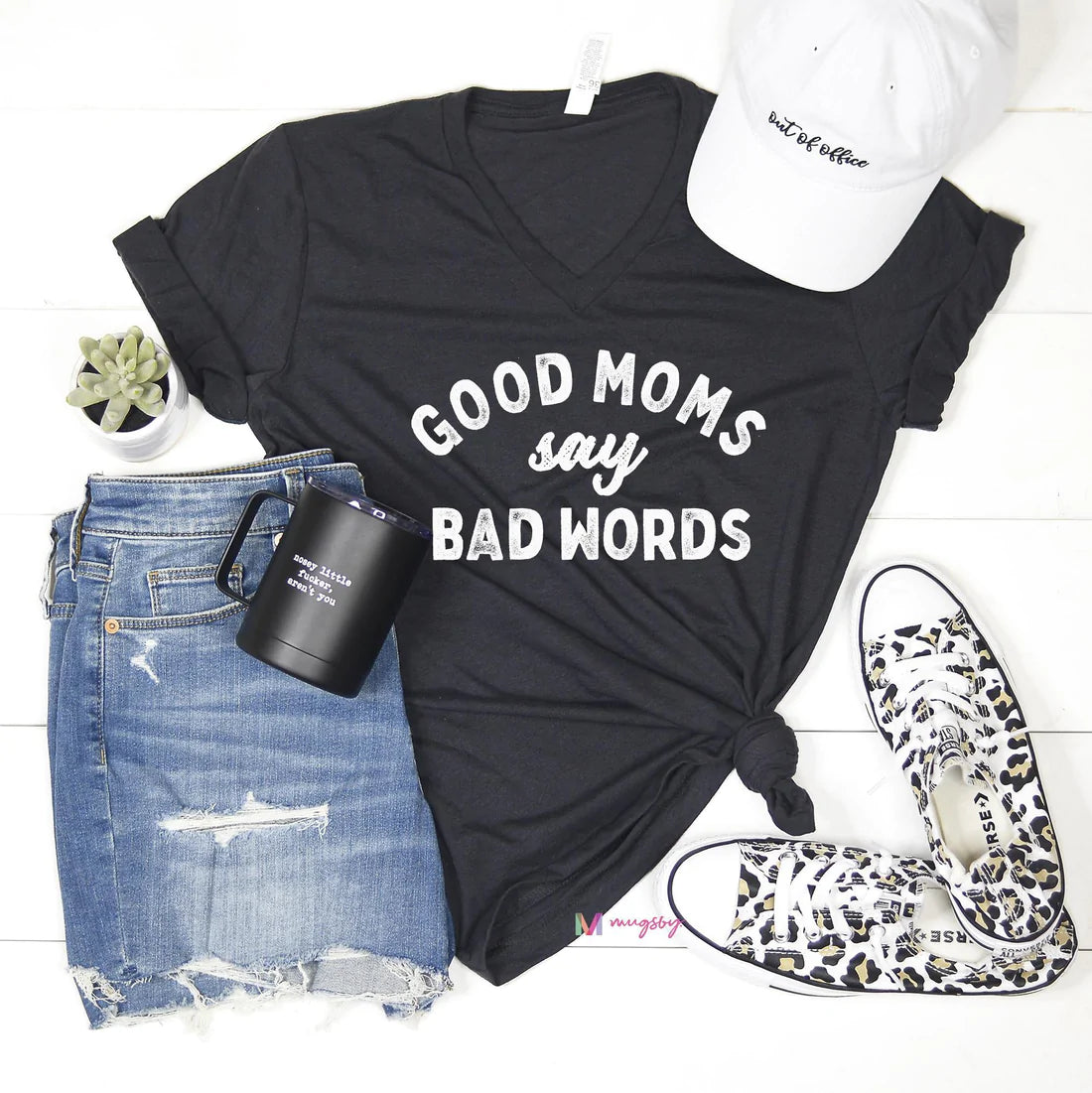 PREORDER: Good Moms Say Bad Words V-neck Tee in Dark Grey