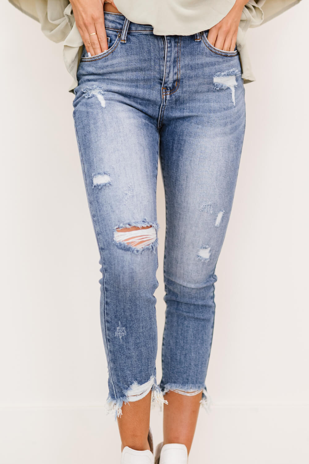 RISEN Simone High Rise Distressed Raw Hem Skinny Jeans