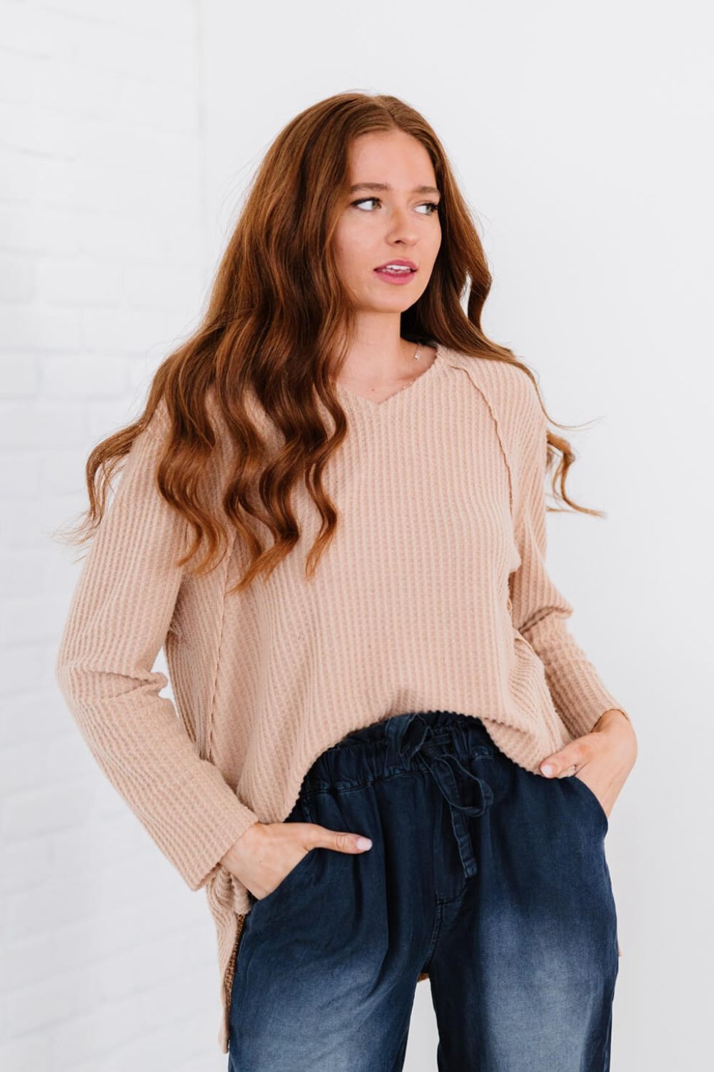 Christa Waffle Knit V-Neck Tee