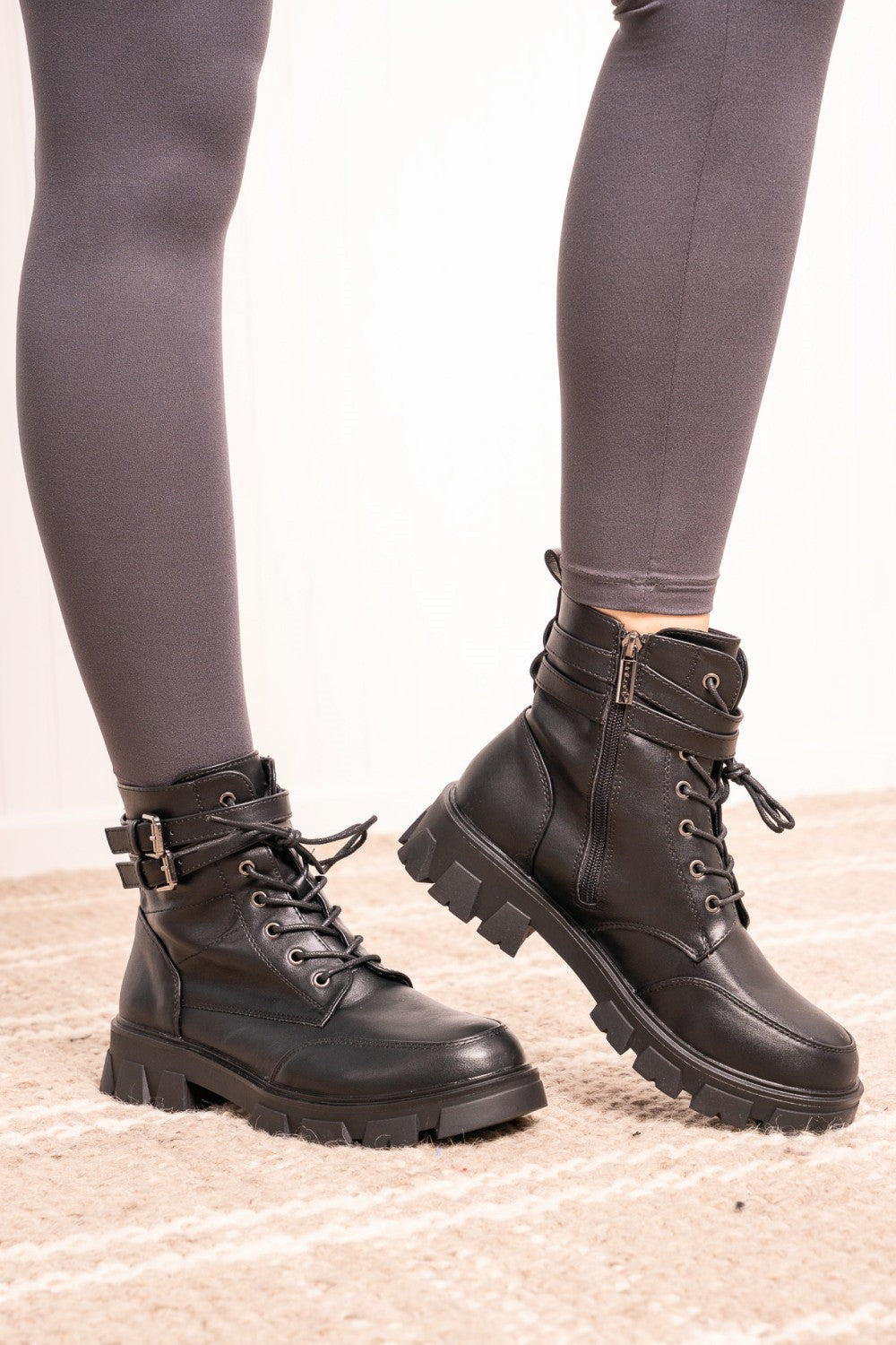 Weeboo Faux Leather Buckled Combat Boots