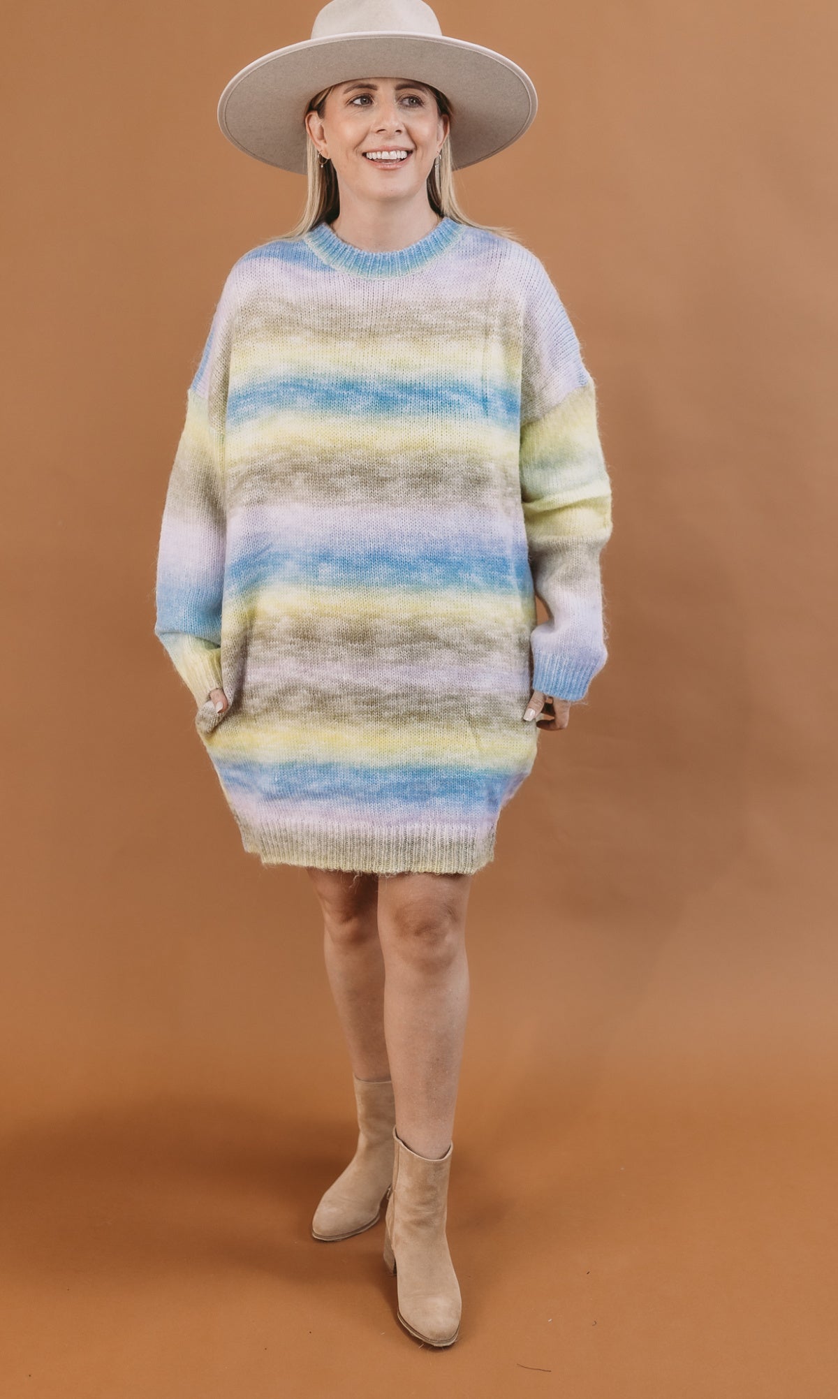 Davi & Dani Color Block Strip Round Neck Loose Sweater Tunic