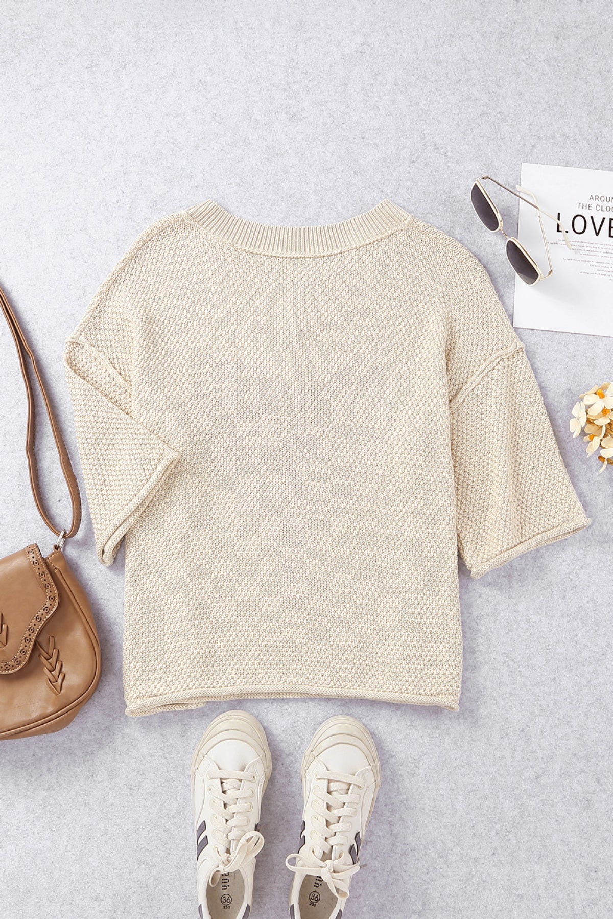 "Hello Sweetheart" V-Neck Dropped Sleeve Heart Print Knit Top