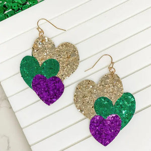 PREORDER: Mardi Gras Glitter Heart Dangle Earrings