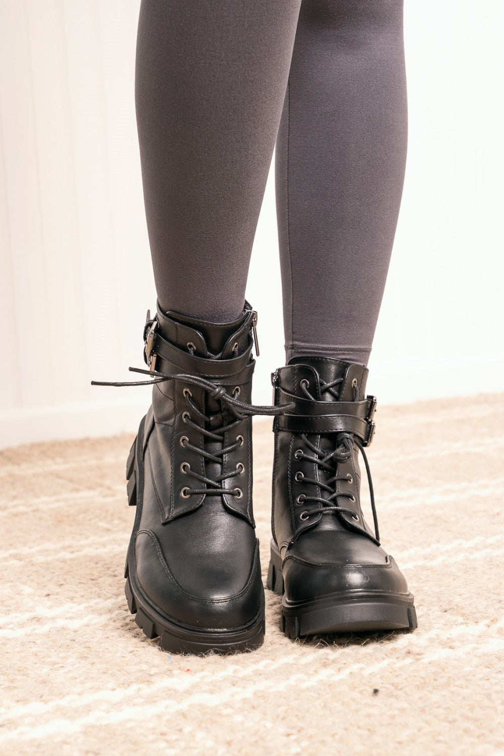 Weeboo Faux Leather Buckled Combat Boots