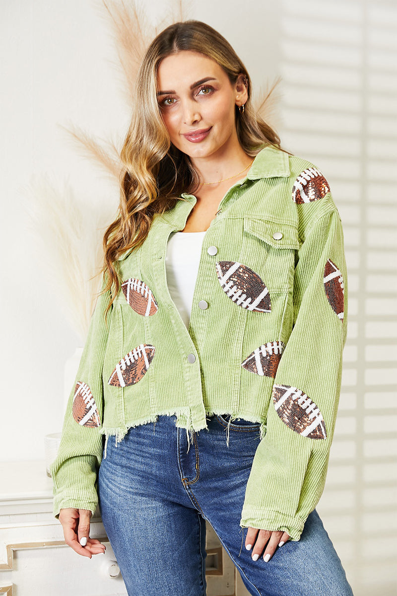 Football Patch Raw Hem Shacket (allow two weeks for delivery)