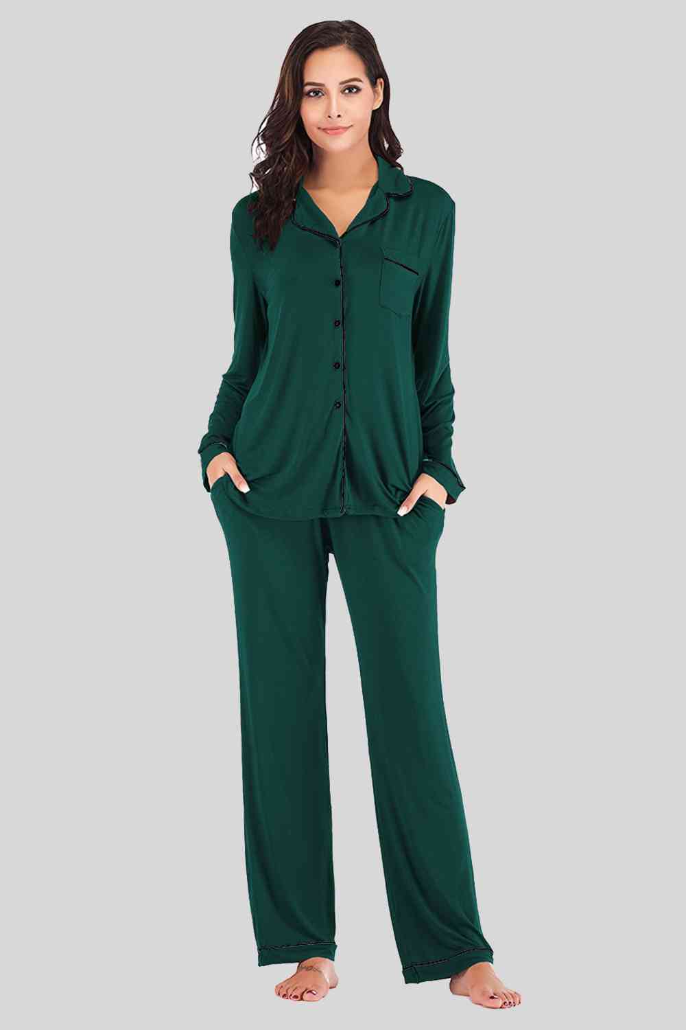 Collared Neck Long Sleeve Loungewear Set with Pockets