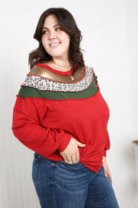 Haptics Full Size Leopard Contrast Exposed Seam Top in Red