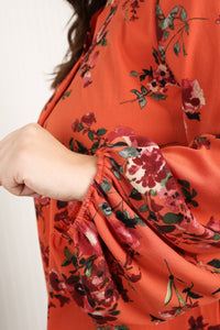 Haptics Full Size Floral Balloon Sleeve Pleated Detail V-Neck Blouse