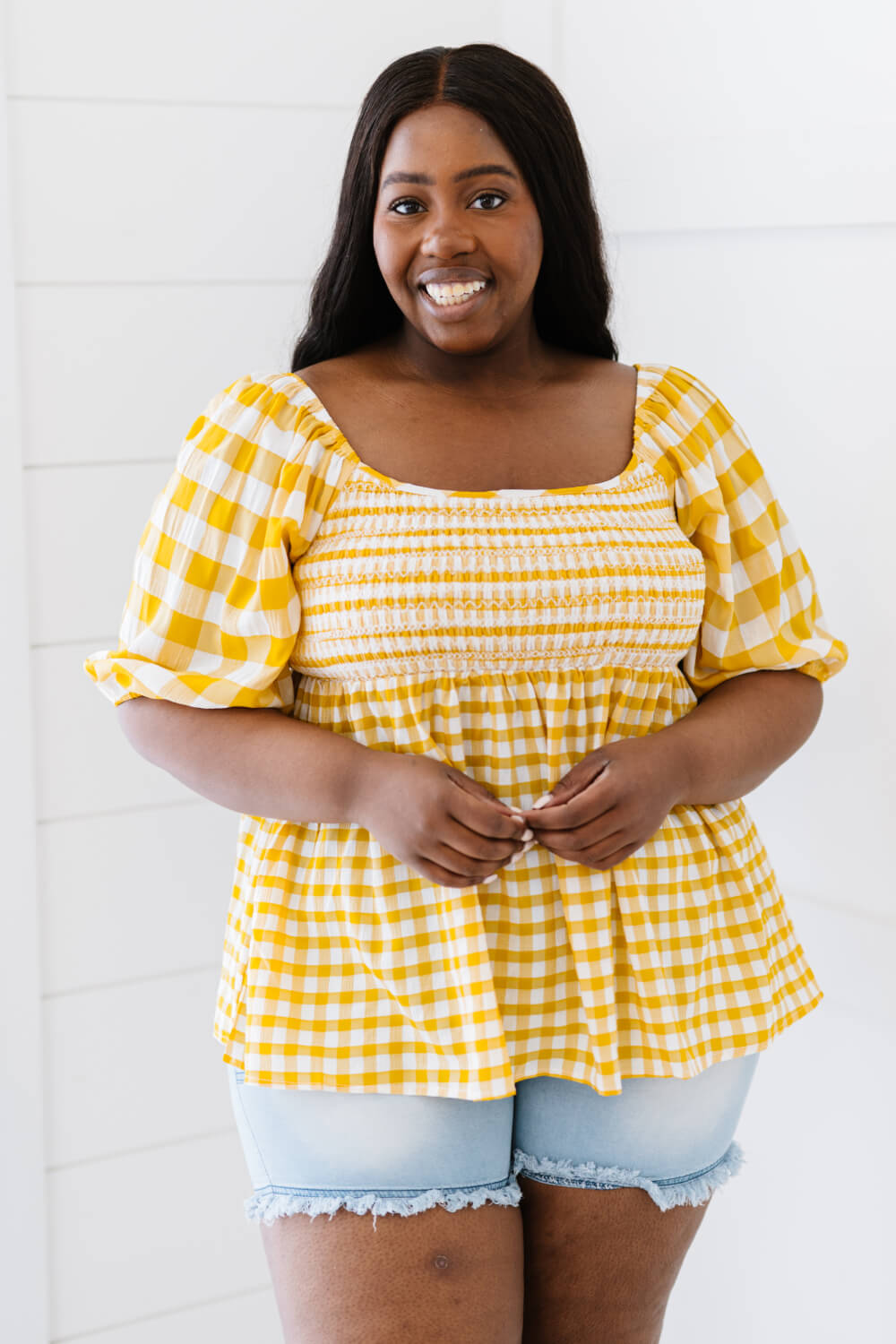 Sunny Meadow Full Size Run Gingham Babydoll Top