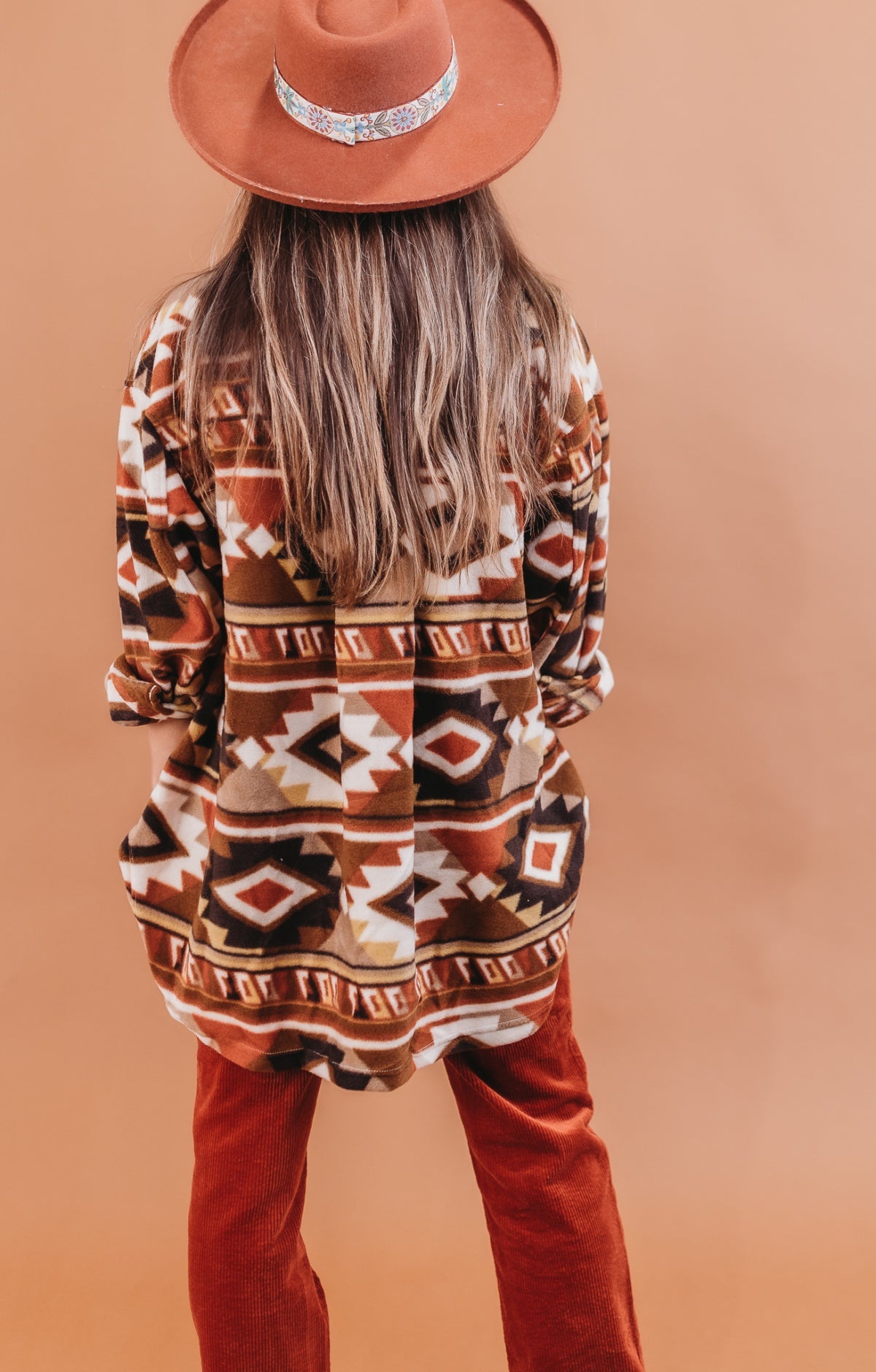 Rae Mode Aztec Print Fleece Open Front Long Sleeve Shacket