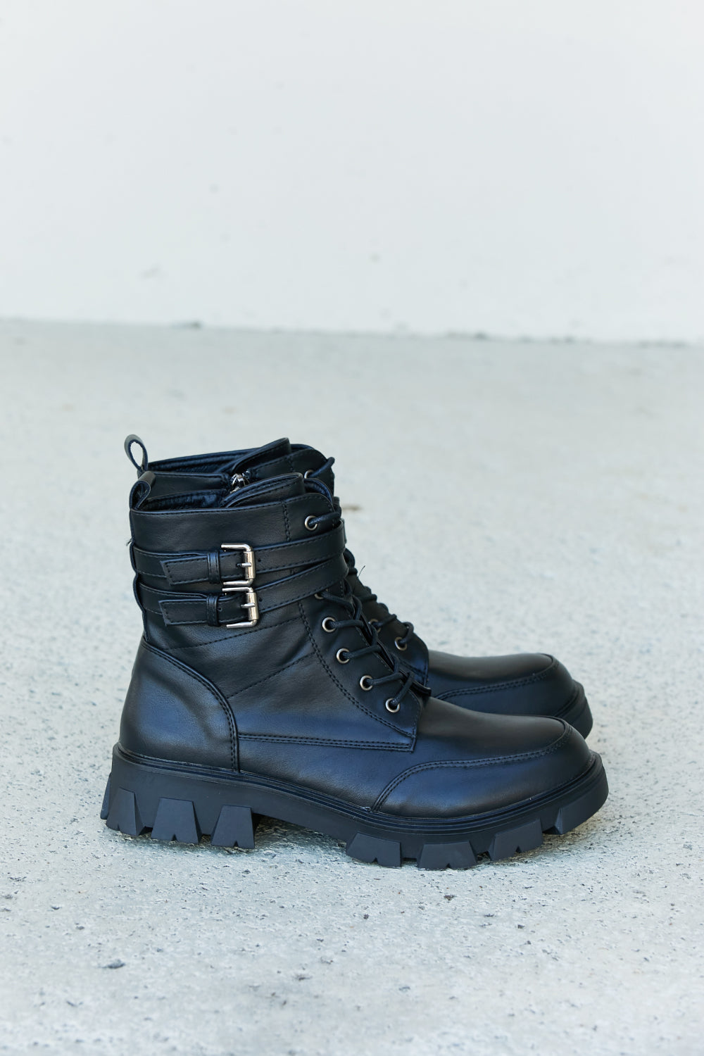 Weeboo Faux Leather Buckled Combat Boots