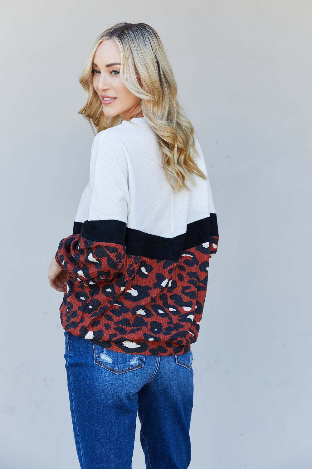 Rae Mode Full Size Leopard Color Block Round Neck Sweatshirt