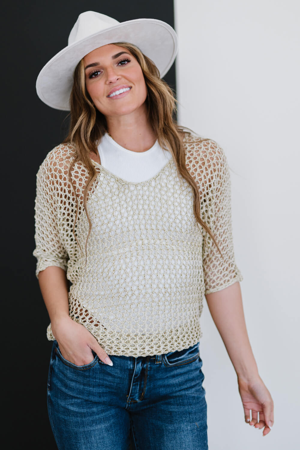 Gracefully Golden Full Size Run Openwork Sweater