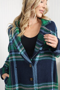 Davi & Dani Full Size Plaid Fringe Trim Pocket Coat