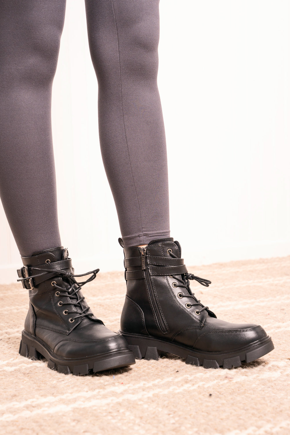 Weeboo Faux Leather Buckled Combat Boots