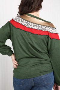 Haptics Full Size Leopard Contrast Exposed Seam Top in Evergreen