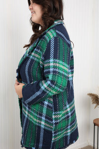 Davi & Dani Full Size Plaid Fringe Trim Pocket Coat