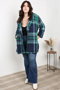 Davi & Dani Full Size Plaid Fringe Trim Pocket Coat