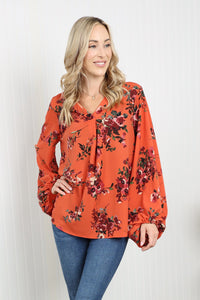 Haptics Full Size Floral Balloon Sleeve Pleated Detail V-Neck Blouse