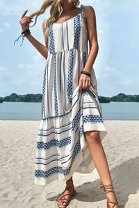 Geometric Print Tie-Shoulder Tiered Maxi Dress