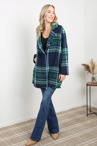 Davi & Dani Full Size Plaid Fringe Trim Pocket Coat