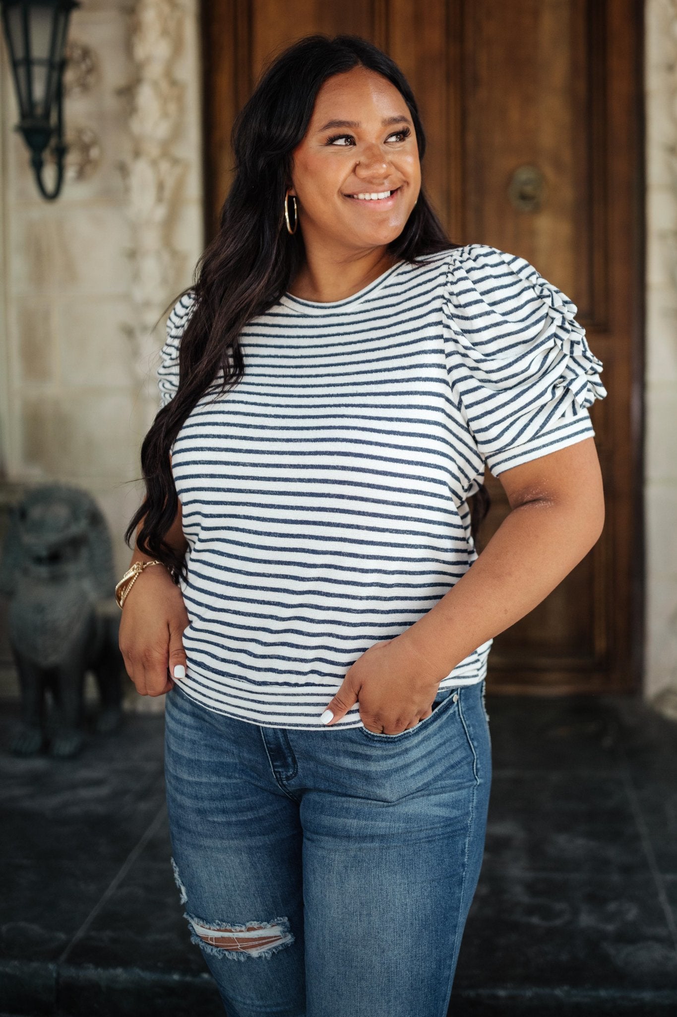 All In The Sleeves Striped Top in Navy/White