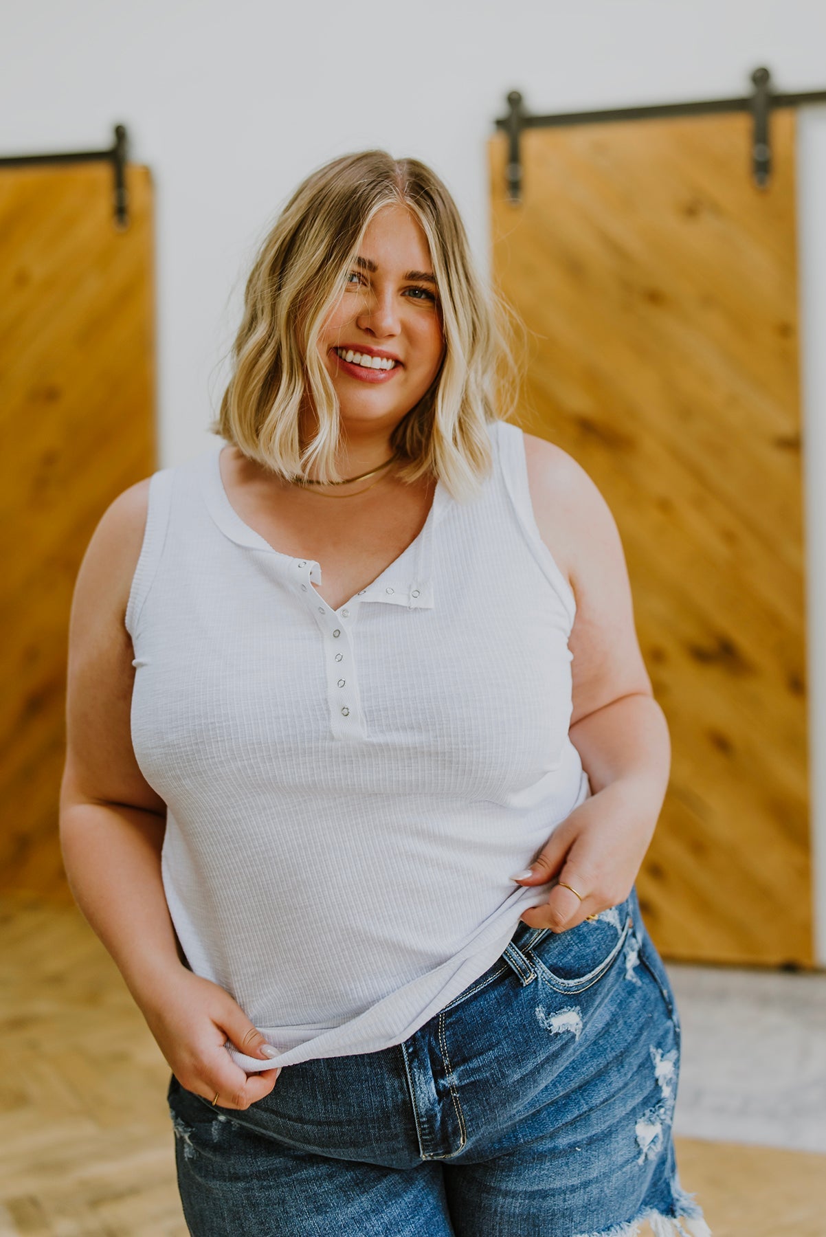 Be You Ribbed Button Up Tank In White