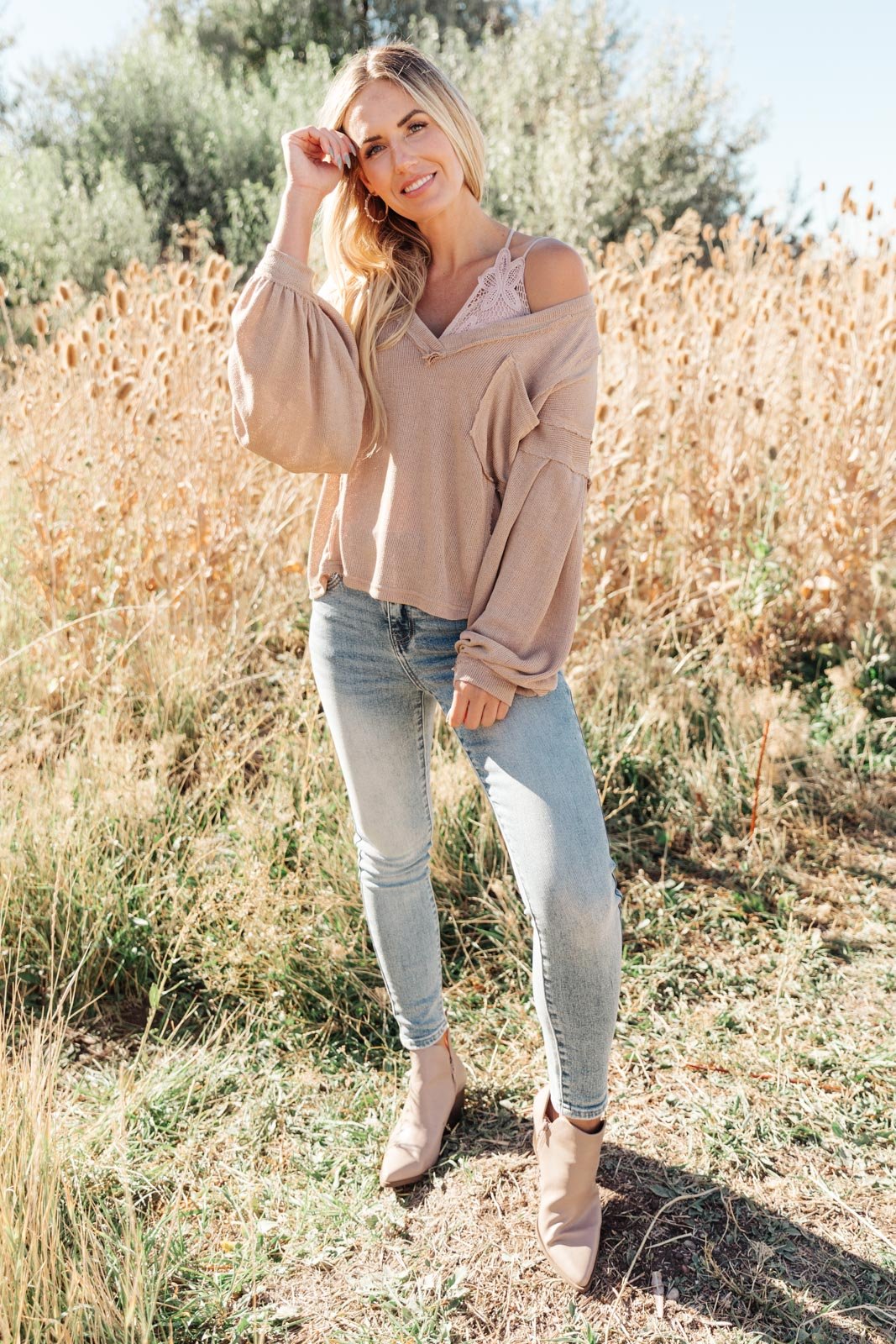 Bellissimo Draped V-Neck Sweater in Mocha