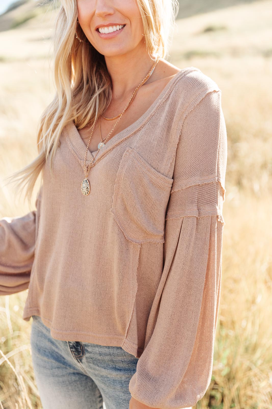 Bellissimo Draped V-Neck Sweater in Mocha