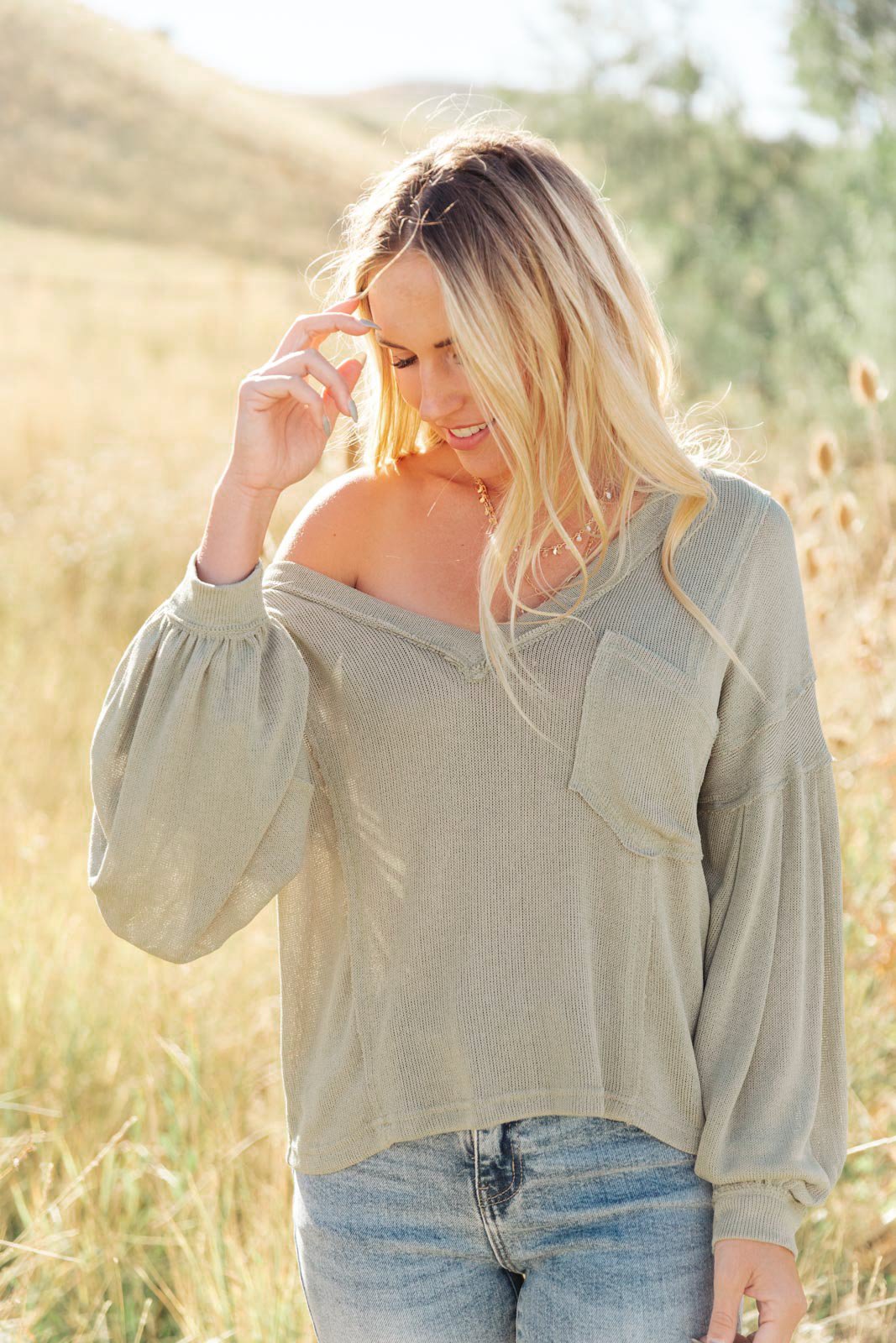 Bellissimo Draped V-Neck Sweater in Olive