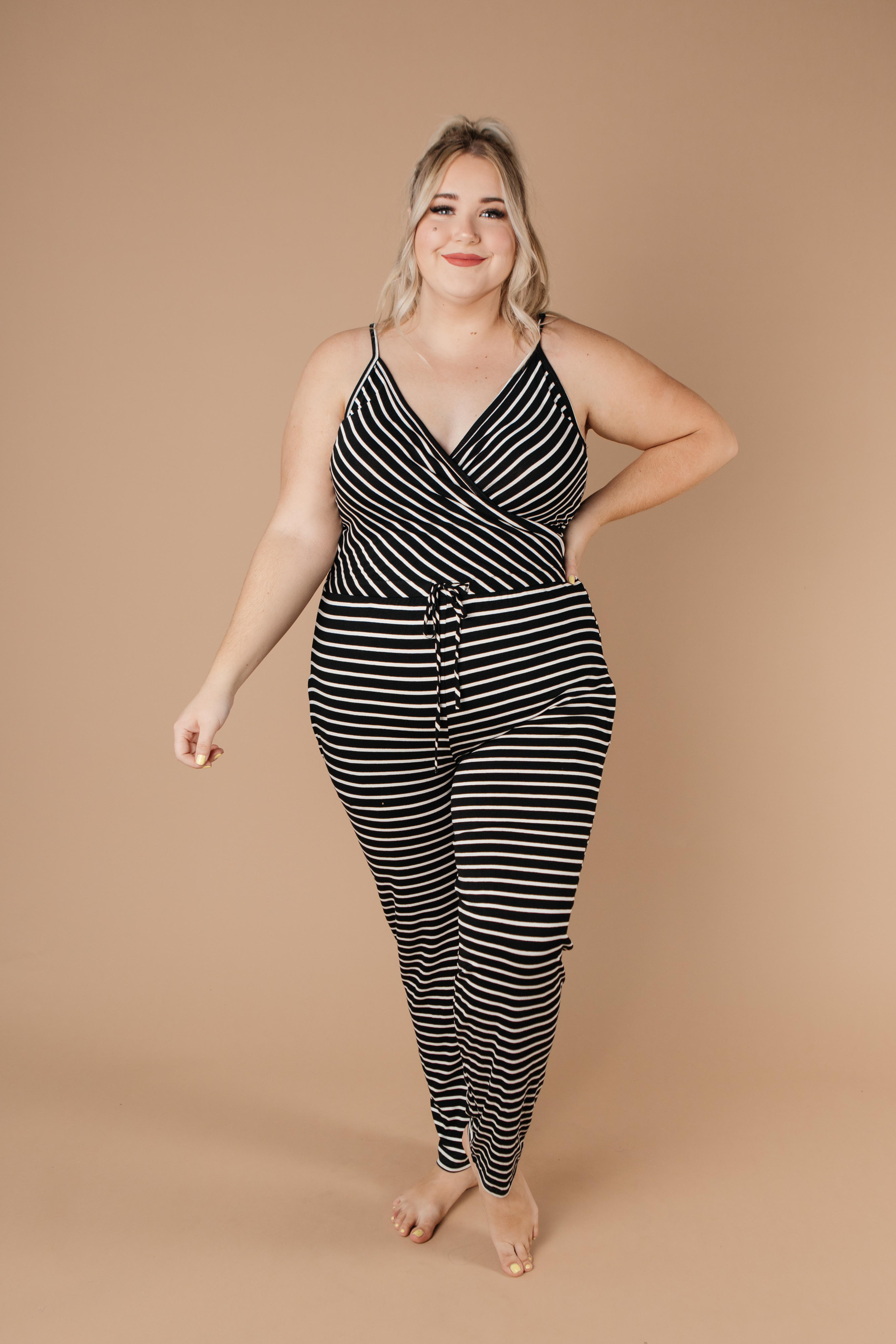 Black & White Striped Surplice Jumpsuit