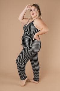 Black & White Striped Surplice Jumpsuit