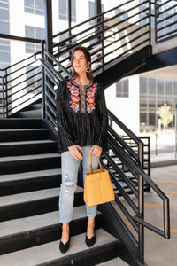 Blooming Rose Striped & Embroidered Blouse