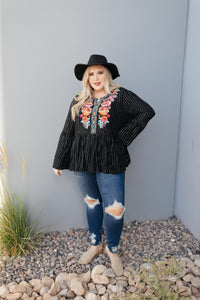 Blooming Rose Striped & Embroidered Blouse