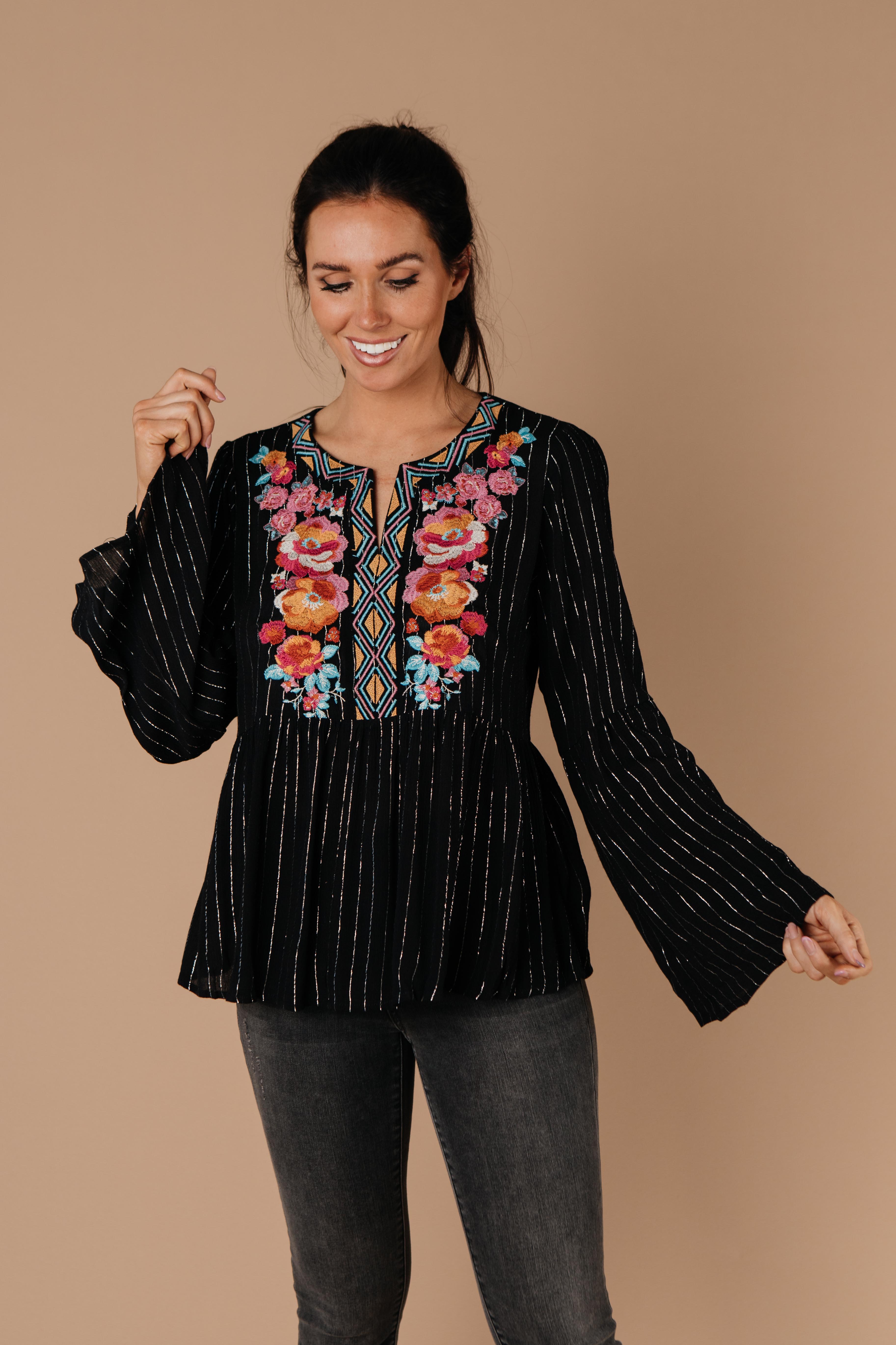 Blooming Rose Striped & Embroidered Blouse