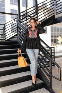 Blooming Rose Striped & Embroidered Blouse