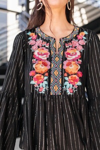 Blooming Rose Striped & Embroidered Blouse