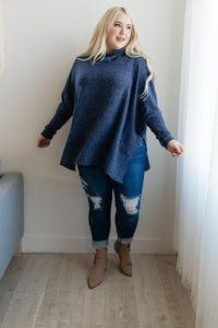 Brushed Melange Cowl Neck Sweater in Navy