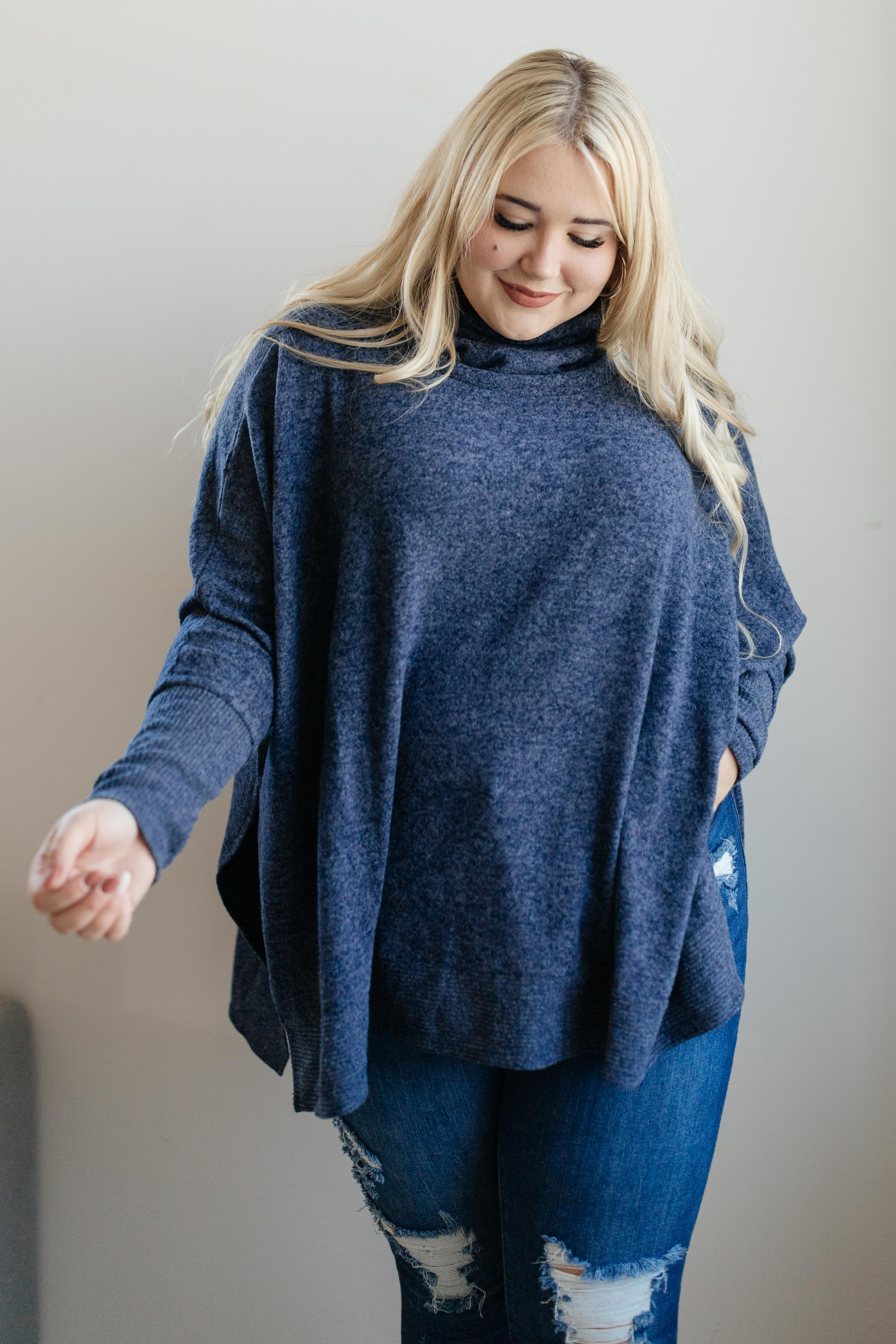 Brushed Melange Cowl Neck Sweater in Navy