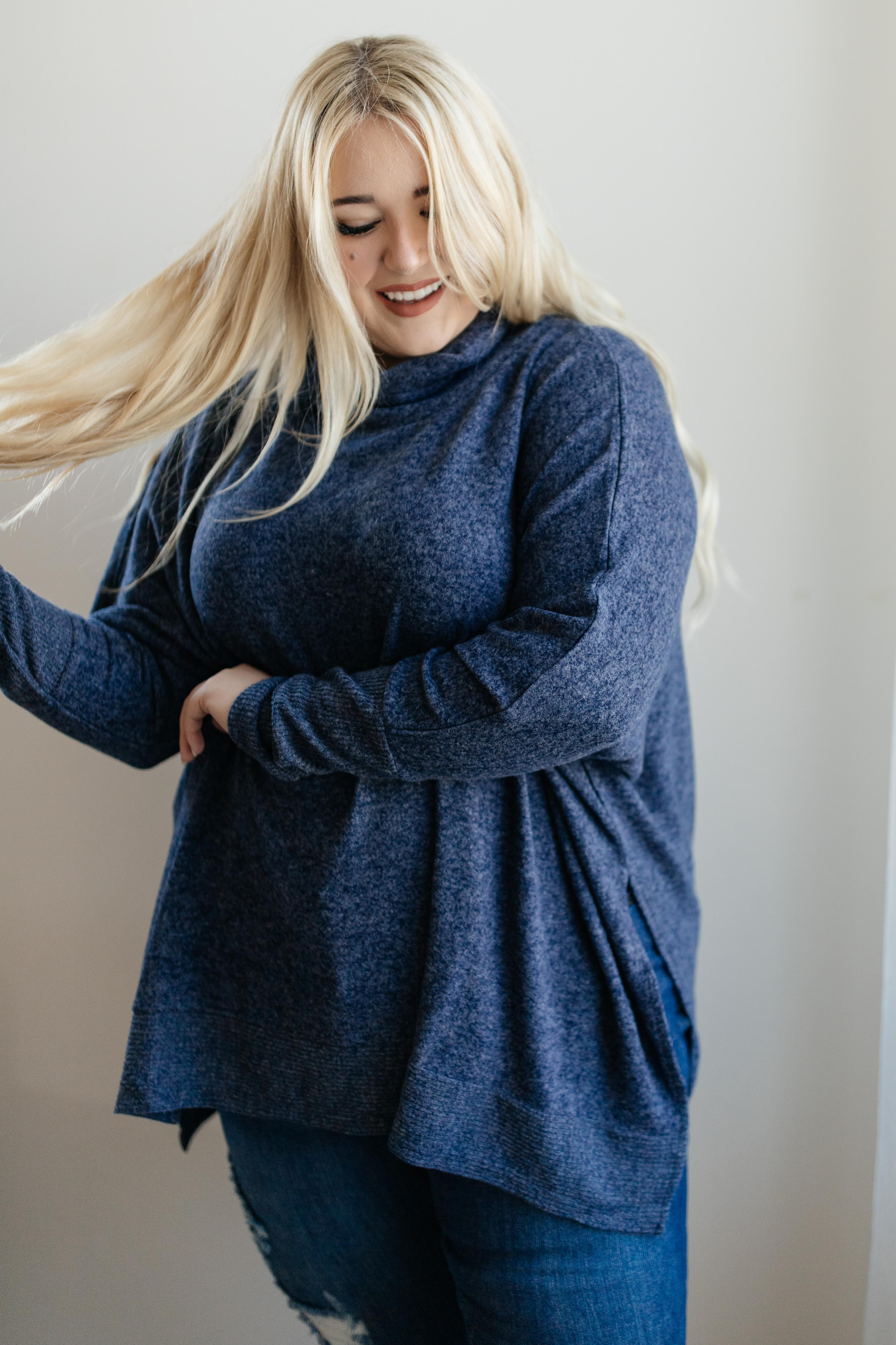 Brushed Melange Cowl Neck Sweater in Navy