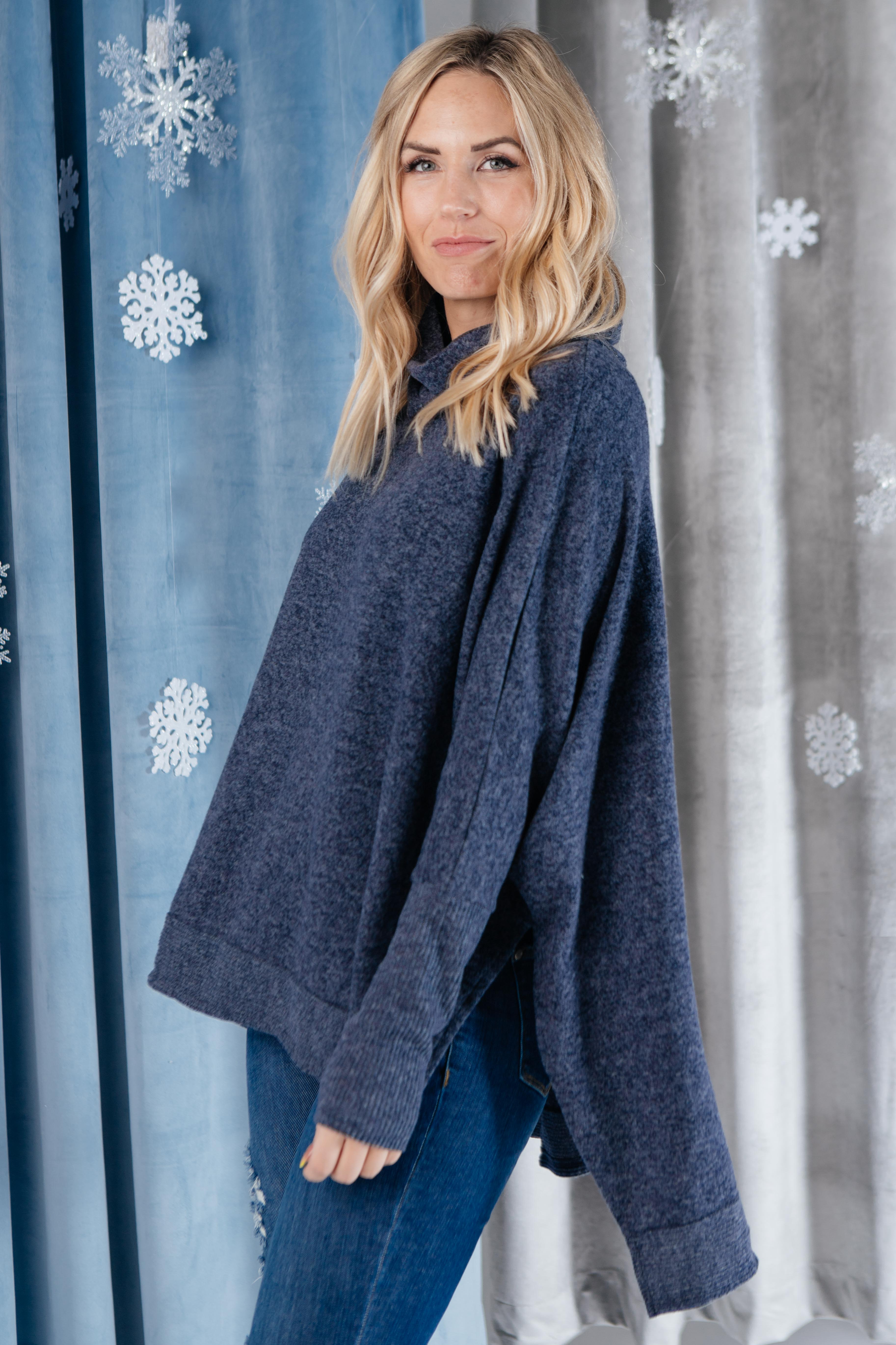 Brushed Melange Cowl Neck Sweater in Navy