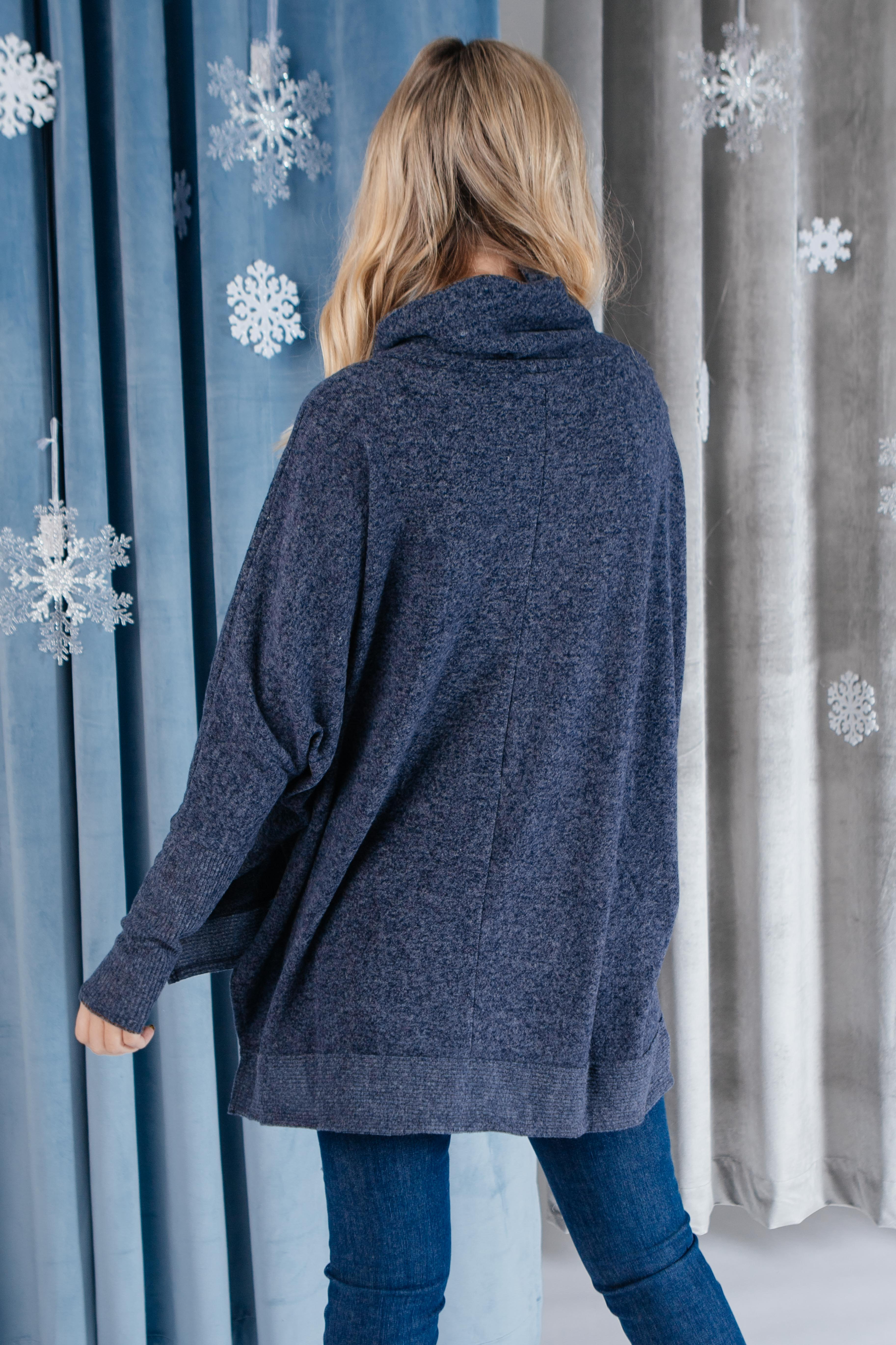 Brushed Melange Cowl Neck Sweater in Navy