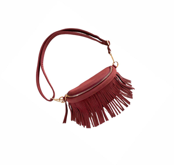 PREORDER: Suede Removeable Fringe Fanny Pack Bum Bag in Burgundy