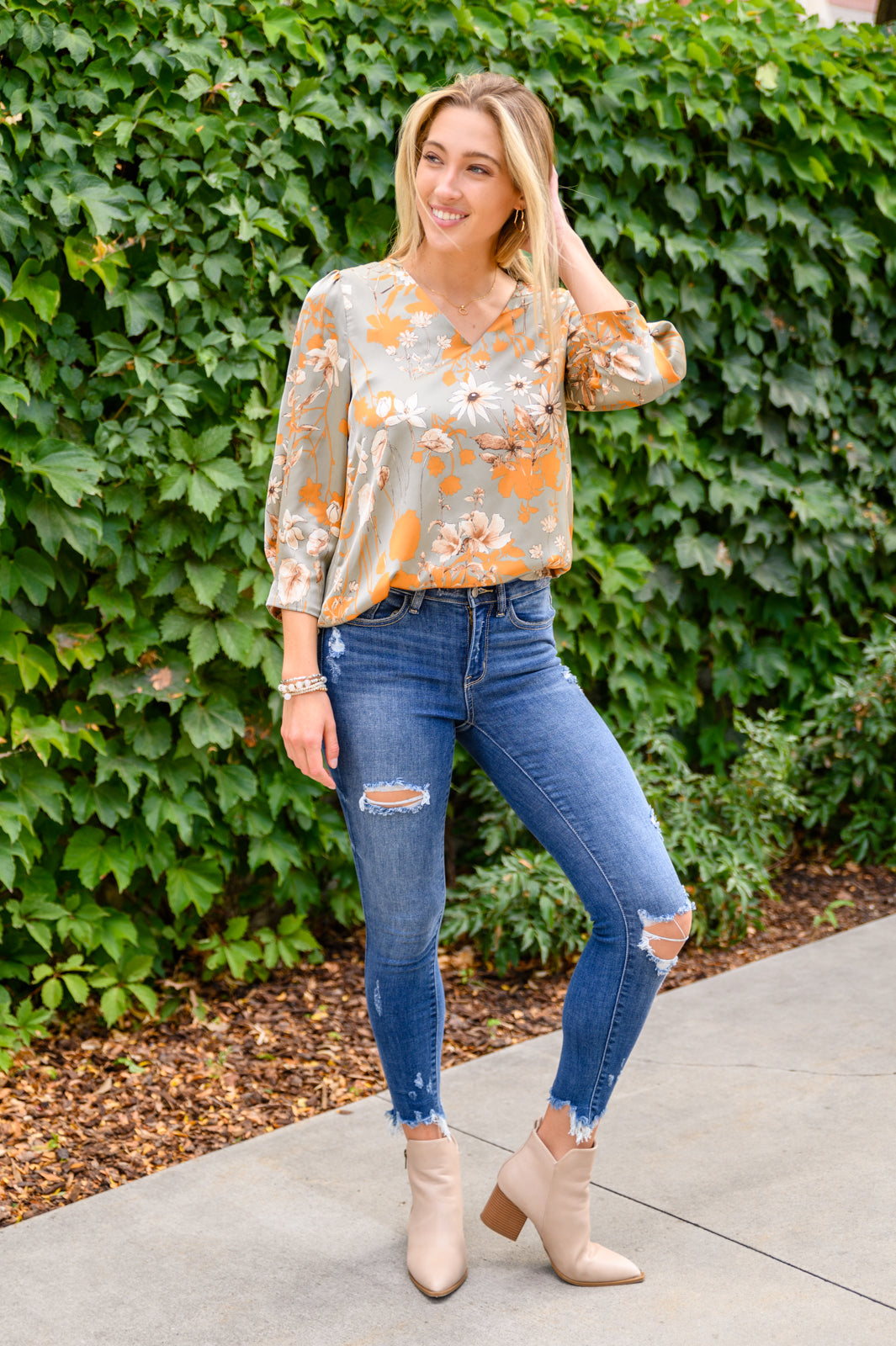 Chantry V Neck Floral Blouse in Sage