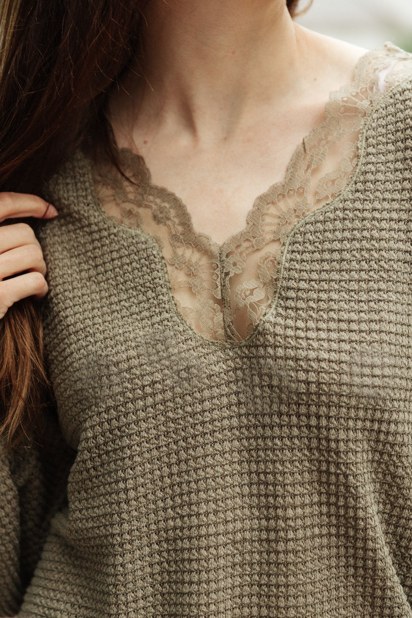 Chloe Lace & Drape Sweater in Olive