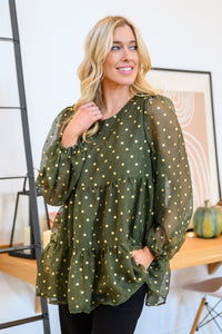 Coya Metallic Dot Tiered Blouse in Olive