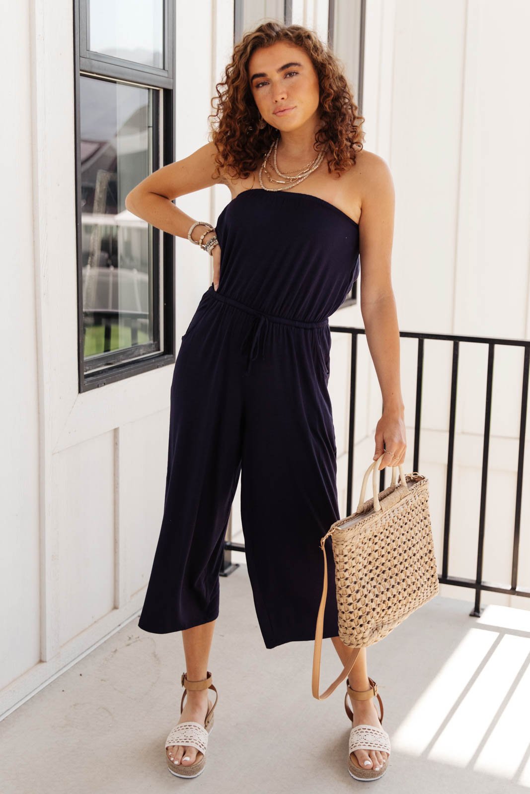 Cropped Tube Top Jumpsuit In Navy